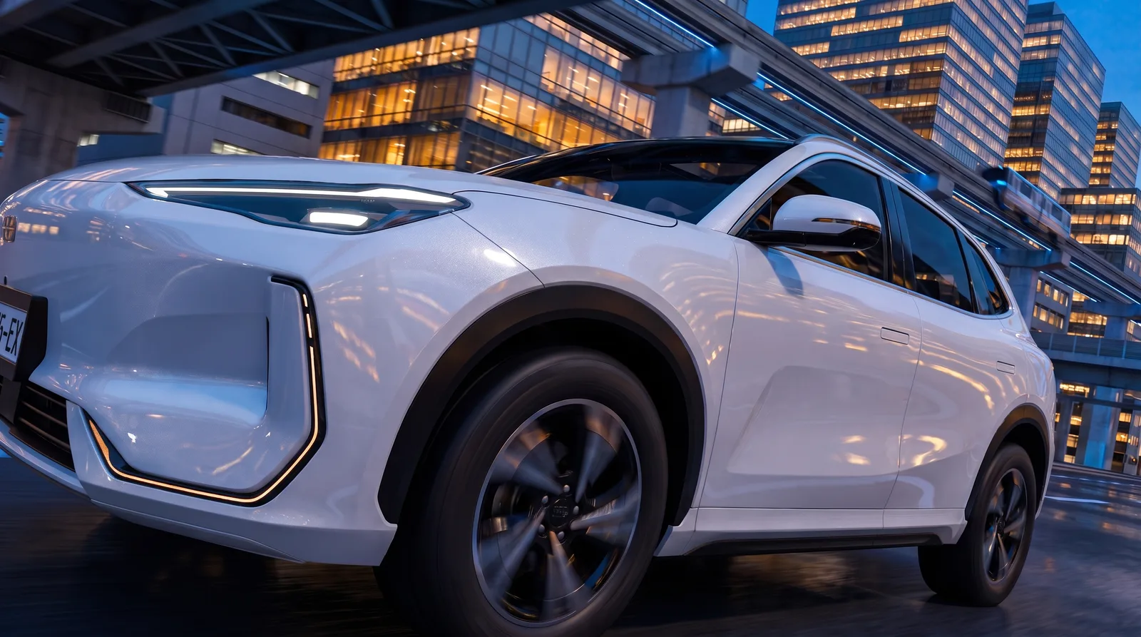 Low front-quarter of a white SUV against a city at blue hour